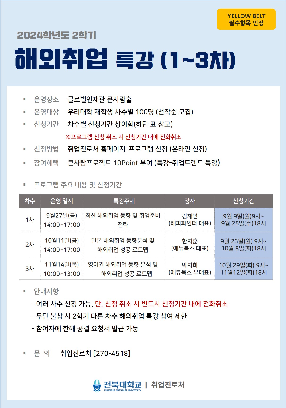 
YELLOW BELT
필수항목 인정
2024학년도 2학기
해외취업 특강 (1~3차)
·
운영장소 글로벌인재관 큰사람홀
·
운영대상 우리대학 재학생 차수별 100명 (선착순 모집)
신청기간 차수별 신청기간 상이함(하단 표 참고)
※프로그램 신청 취소 시 신청기간 내에 전화취소
신청방법 취업진로처 홈페이지-프로그램 신청 (온라인 신청)
참여혜택 큰사람프로젝트 10Point 부여 (특강-취업트렌드 특강)
프로그램 주요 내용 및 신청기간
차수 운영 일시
특강주제
강사
신청기간
1차
9월27일(금) 최신 해외취업 동향 및 취업준비 14:00~17:00 전략
김재연
9월 9일(월)9시~
(해피파인더 대표)
9월 25일(수)18시
2차
10월11일(금) 일본 해외취업 동향분석 및 14:00~17:00 해외취업 성공 로드맵
한지훈
9월 23일(월) 9시~
(에듀북스 대표)
10월 8일(화)18시
3차
11월14일(목) 영어권 해외취업 동향 분석 및 10:00~13:00 해외취업 성공 로드맵
박지희
10월 29일(화) 9시~
(에듀북스 부대표)
11월12일(화)18시
안내사항
ᆞ여러 차수 신청 가능. 단, 신청 취소 시 반드시 신청기간 내에 전화취소
- 무단 불참 시 2학기 다른 차수 해외취업 특강 참여 제한
- 참여자에 한해 공결 요청서 발급 가능
문의 취업진로처 [270-4518]
전북대학교 취업진로처
CHONBUK NATIONAL UNIVERSITY